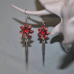 red rhinestone flower antique silver spike earrings naughty & nice (105)